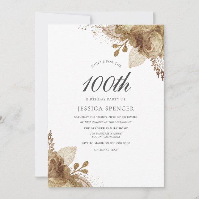Gold Flowers Womans Mens 100th Birthday Invite (Front)