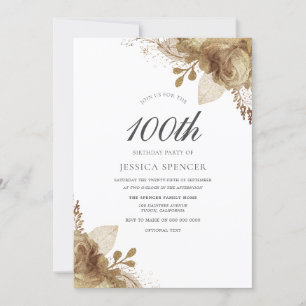 Gold Flowers Womans Mens 100th Birthday Invite