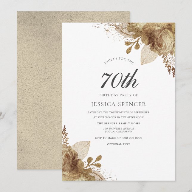 Gold Flowers Womans Mens 70th Birthday Invite (Front/Back)