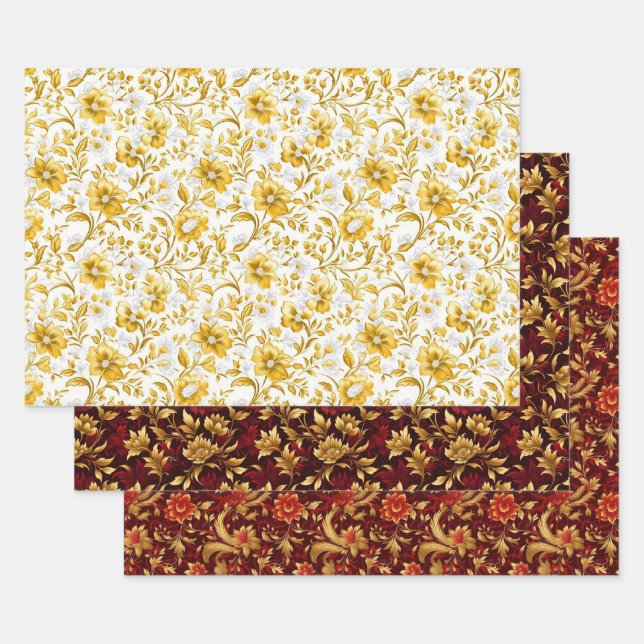 Gold flowers wrapping paper (Set)
