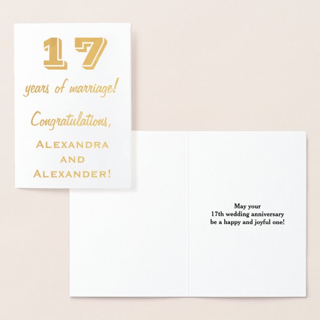 Gold Foil 17th Wedding Anniversary + Custom Names Card (Display)
