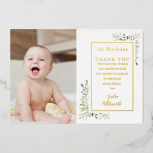 Gold Foil 1st Birthday Thank You Photo Card