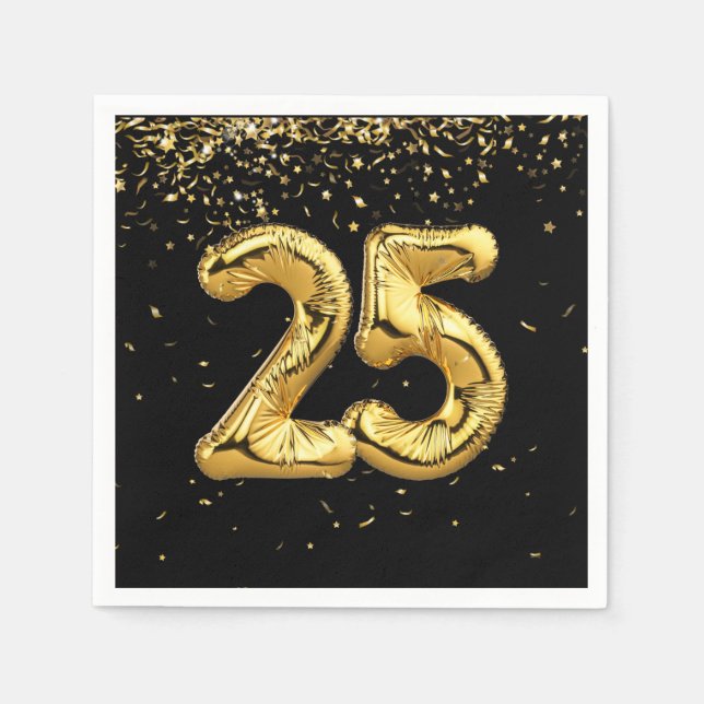 Gold Foil 25 Balloons And Confetti  Napkins (Front)