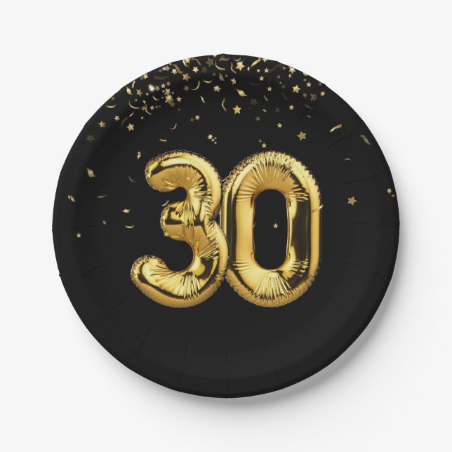 Gold Foil 30 Balloons And Confetti Paper Plate (Front)