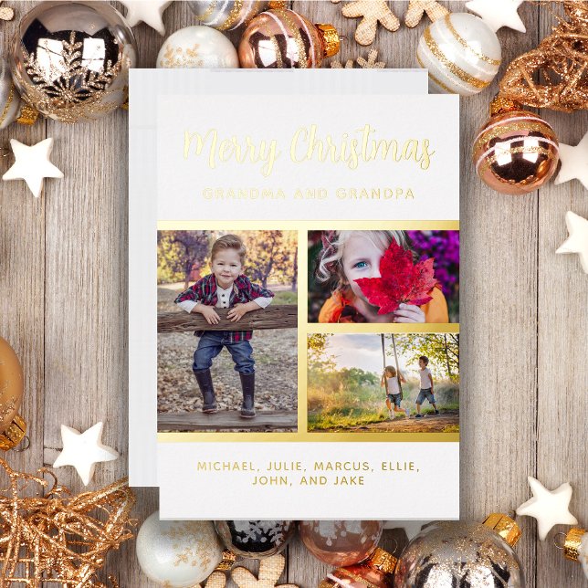 Gold Foil 3 Photo Grandparent Grandchild Christmas Foil Holiday Card (Real gold foil 3-photo Christmas greeting card, customizable with your own text.)