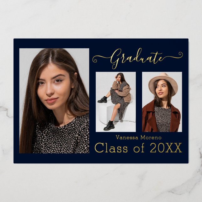 Gold Foil 3 Photo Modern Calligraphy Blu Grad Card (Front)