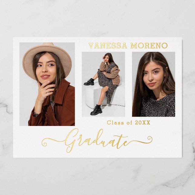 Gold Foil 3 Photo Modern Calligraphy Grad Card Wt (Front)