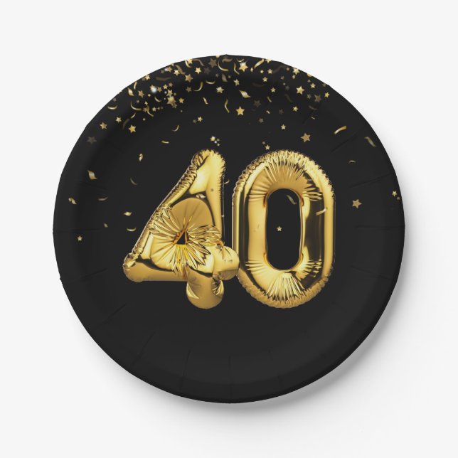 Gold Foil 40 Balloons And Confetti Paper Plate (Front)