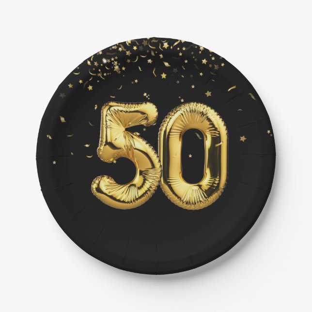Gold Foil 50 Balloons And Confetti Paper Plate (Front)