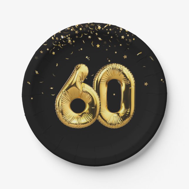 Gold Foil 60 Balloons And Confetti Paper Plate (Front)