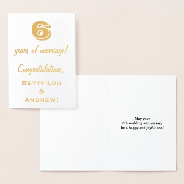 Gold Foil 6th Wedding Anniversary + Custom Names Card (Display)