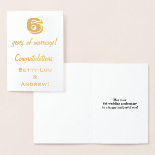 Gold Foil 6th Wedding Anniversary + Custom Names Foil Card