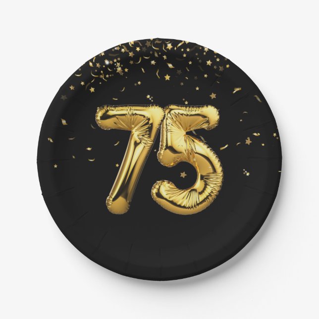 Gold Foil 75 Balloons And Confetti Paper Plate (Front)