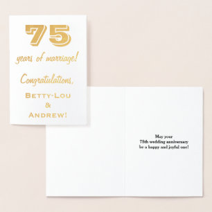 Gold Foil 75th Wedding Anniversary + Custom Names Foil Card