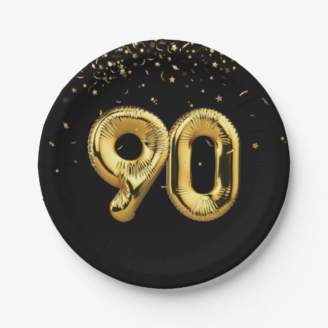 Gold Foil 90 Balloons And Confetti Paper Plate (Front)