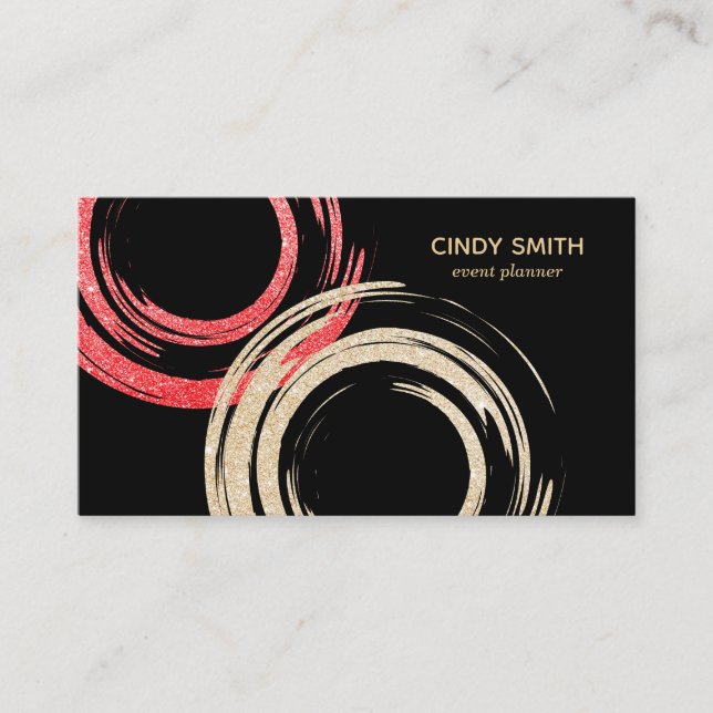 Gold foil abstract circles red glittering brushes business card (Front)
