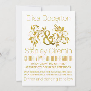 Gold foil ampersand and scroll leaf floral wedding invitation