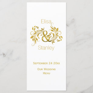Gold foil ampersand and scroll wedding menu card