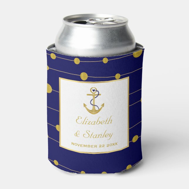 Gold foil anchor modern navy blue nautical wedding can cooler (Can Front)