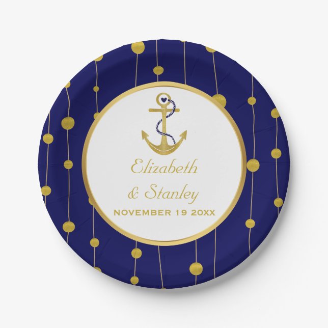 Gold foil anchor nautical modern wedding paper plate (Front)