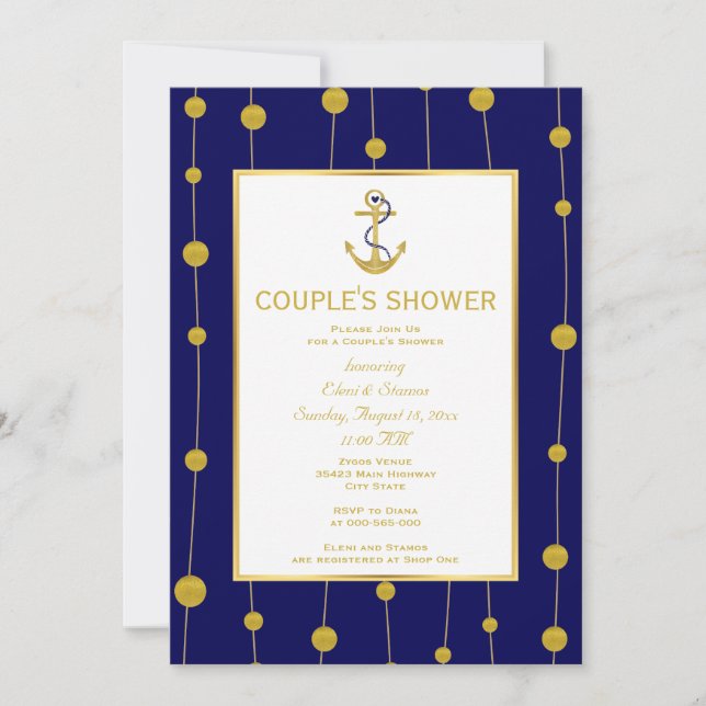 Gold foil anchor nautical wedding couple's shower invitation (Front)