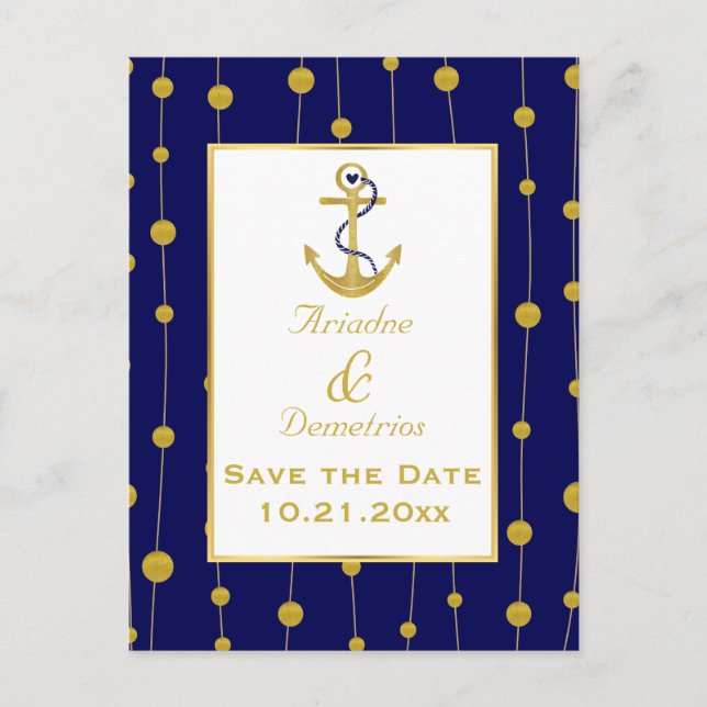 Gold foil anchor nautical wedding Save the Date Announcement Postcard (Front)