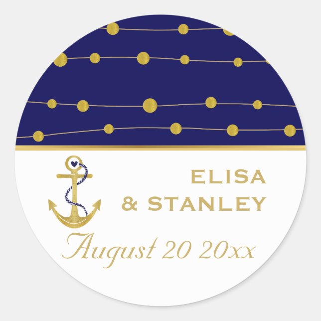 Gold foil anchor navy blue wedding Save the Date Classic Round Sticker (Front)