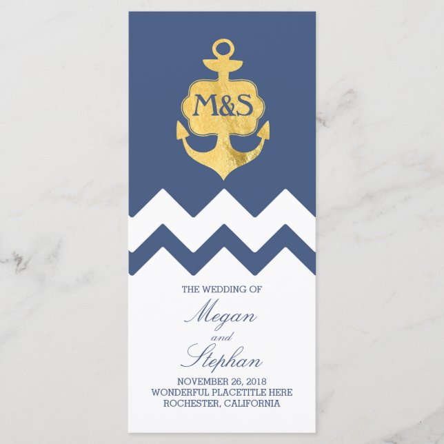 Gold Foil Anchor Navy Nautical Wedding Programs Programme (Front)