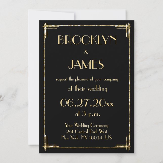 Gold Foil And Black Art Deco Wedding Invitations (Front)