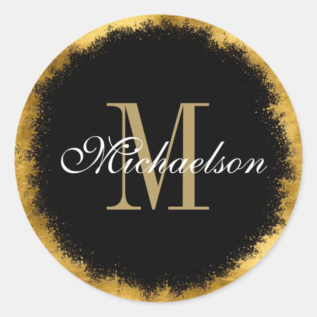 Gold Foil and Black Monogram Classic Round Sticker (Front)