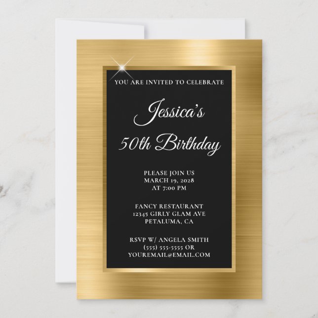 Gold Foil and Black Overlay 50th Birthday Invitation (Front)