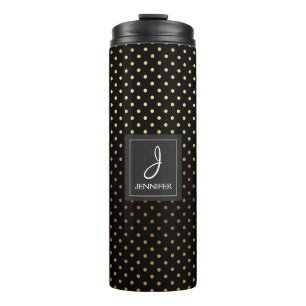 Gold Foil and Black Polka Dot Pattern Monogram Thermal Tumbler