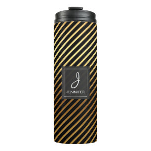 Gold Foil and Black Striped Pattern Monogram Thermal Tumbler