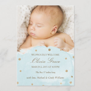 Gold Foil and Blue Watercolor Birth Announcements