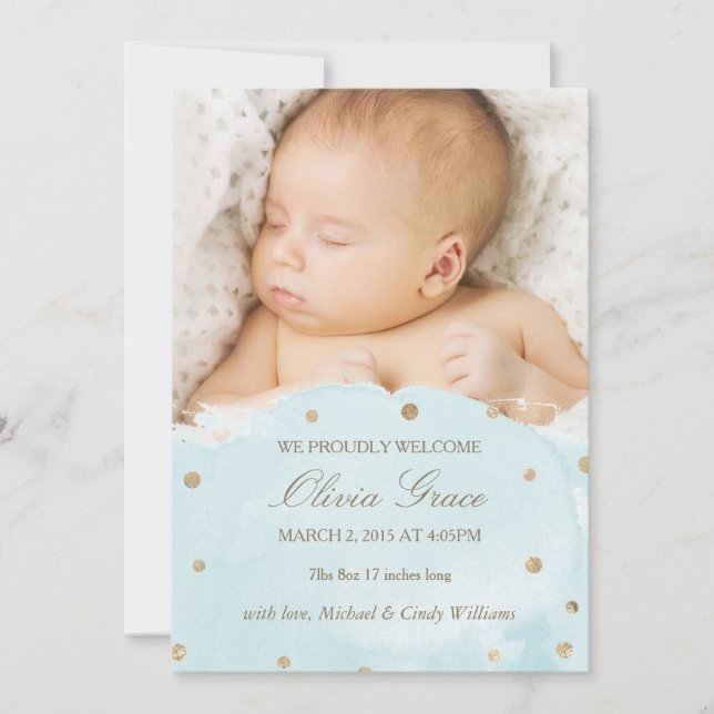 Gold Foil and Blue Watercolor Birth Announcements (Front)