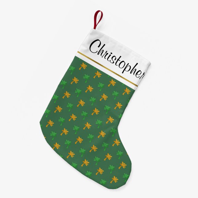 Gold Foil and Green Hawaiian Tropical Palm Trees Small Christmas Stocking (Front (Hanging))