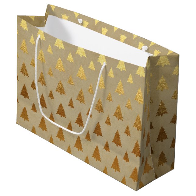 Gold Foil and Kraft Paper Rustic Christmas Tree Large Gift Bag (Front Angled)