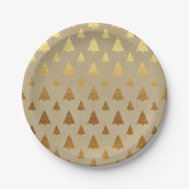 Gold Foil and Kraft Paper Rustic Christmas Tree Paper Plate (Front)