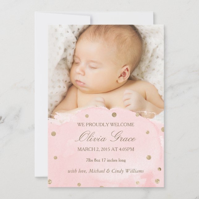 Gold Foil and Pink Watercolor Birth Announcements (Front)