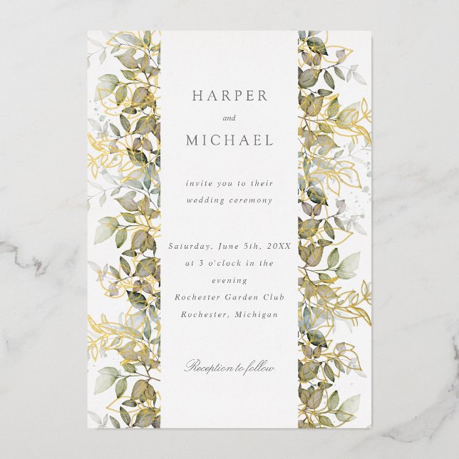 Gold foil and watercolor leaves wedding (Front)