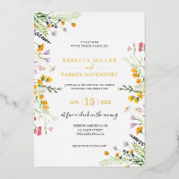 Gold foil anf wildflowers wedding invitation