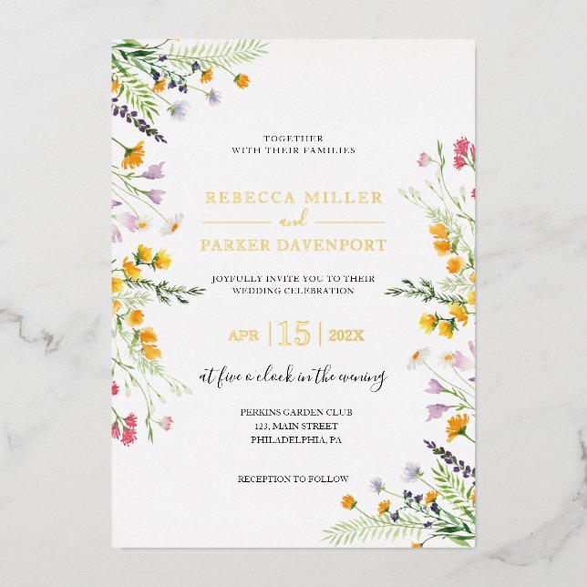 Gold foil anf wildflowers wedding invitation (Front)