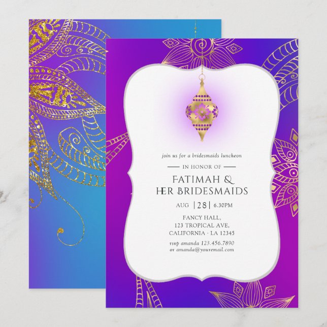 Gold Foil Arabian Bollywood Bridesmaids Luncheon Invitation (Front/Back)