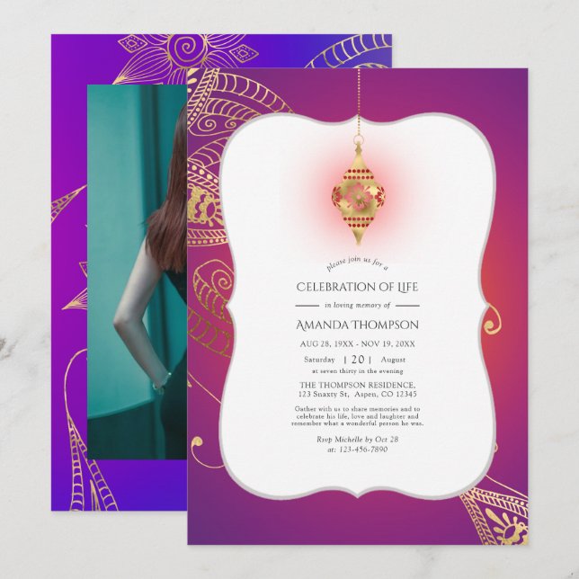 Gold Foil Arabian Bollywood Celebration of Life Invitation (Front/Back)