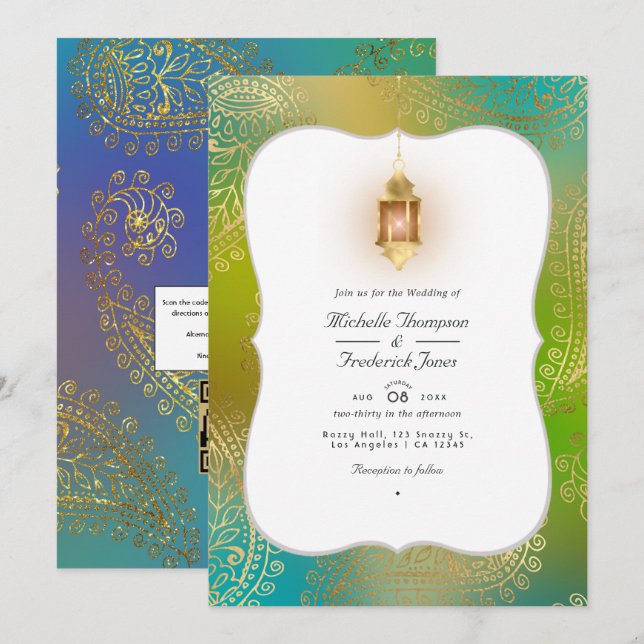 Gold Foil Arabian Bollywood QR Code RSVP Wedding Invitation (Front/Back)