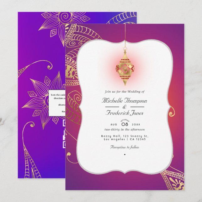 Gold Foil Arabian Bollywood QR Code RSVP Wedding Invitation (Front/Back)
