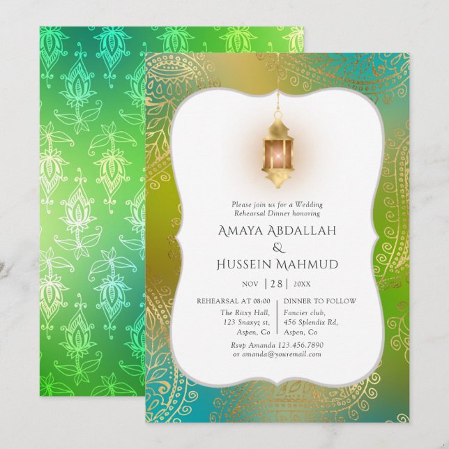 Gold Foil Arabian Bollywood Rehearsal Dinner Invitation (Front/Back)