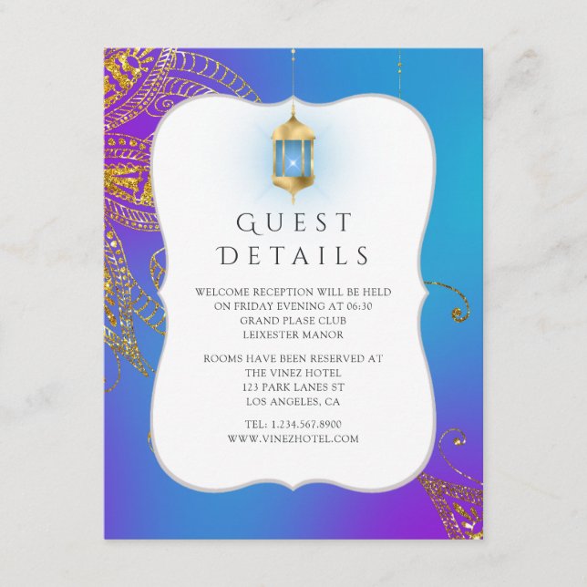 Gold Foil Arabian Bollywood Wedding Guest Details Enclosure Card (Front)