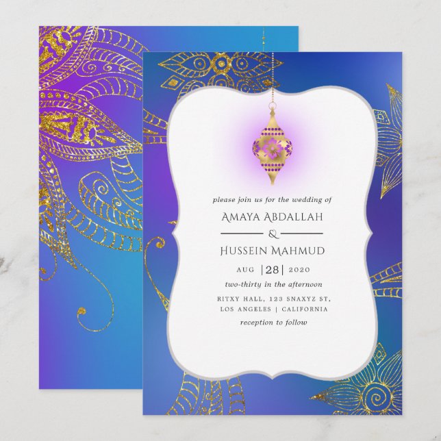 Gold Foil Arabian Bollywood Wedding Invitation (Front/Back)