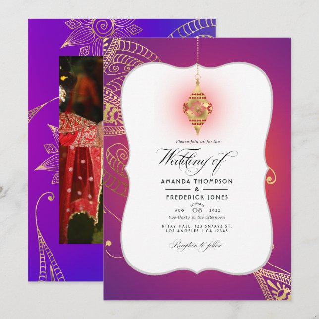 Gold Foil Arabian Bollywood Wedding Photo Invitati Invitation (Front/Back)